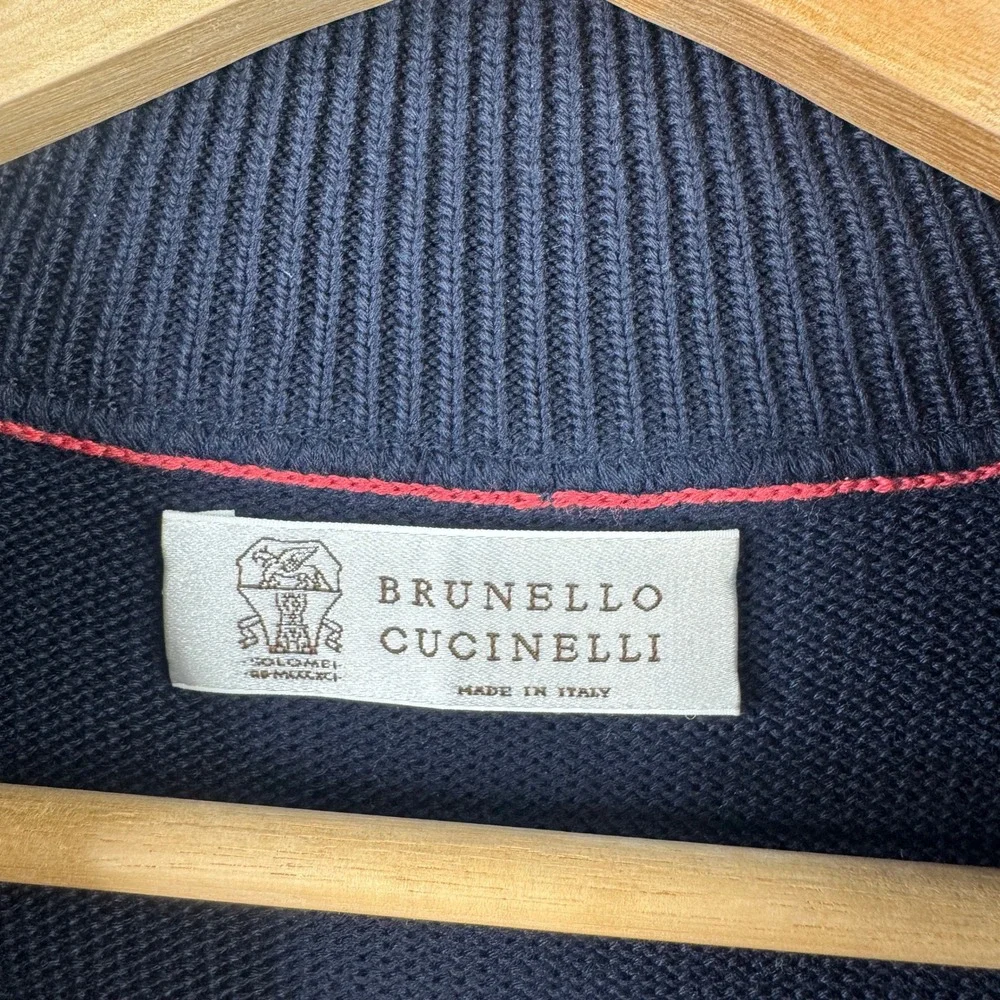 Brunello Cucinelli Mens Navy Blue 100% Cotton Mock Neck Sweater Small Thick